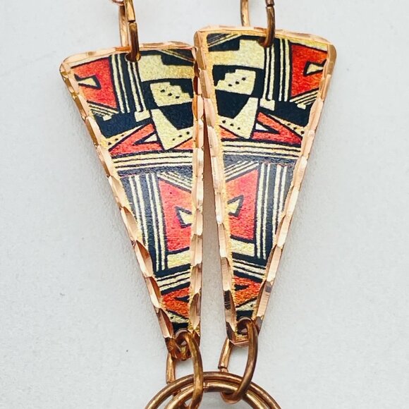 Vintage Copper Enamel Pendant Necklace Geometric Design Art Deco Revival Retro - Picture 5 of 10